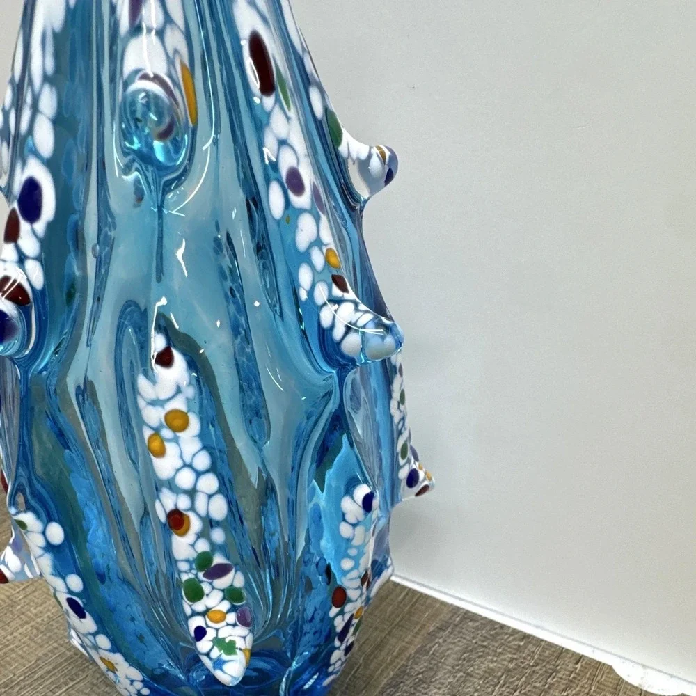 Vintage Murano Style Hand Blown Art Glass Spire Vase - Blue Confetti Murrine, 9